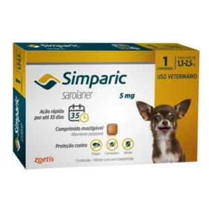 Antipulgas Simparic 5mg para cães 1,3 a 2,5 kg C/1 Comprimido Avulso